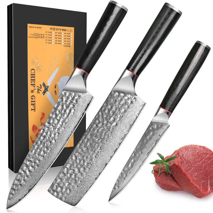 Home Safety Damast Kochmesser, 3STK Damastmesser Set VG10-Kernstahl mit 67 Schichten, professionelle