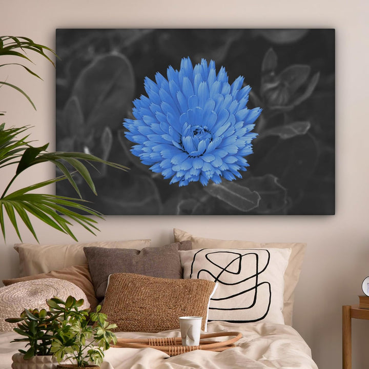 MuchoWow Leinwand Bilder, Einzigartige Wanddeko mit Rahmen, Blumen - Schwarz - Weiss - Blau, Wandbil