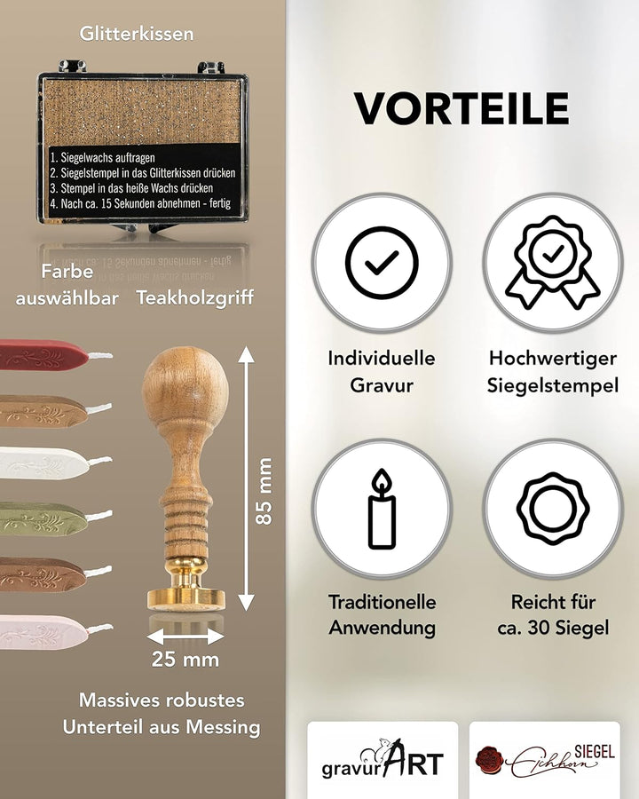 gravurART Siegelset Siegelstempel personalisiert incl. 2 Stangen Siegelwachs u. Gold/Silberhighlight