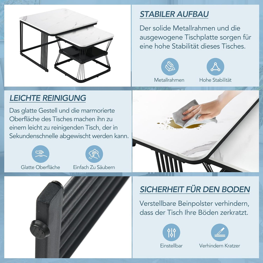 Merax Quadratisch Couchtisch 2er Set, Moderne Wohnzimmertisch mit Marmoroptik, Hochglänzend Satztisc