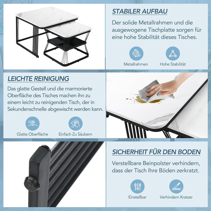 Merax Quadratisch Couchtisch 2er Set, Moderne Wohnzimmertisch mit Marmoroptik, Hochglänzend Satztisc