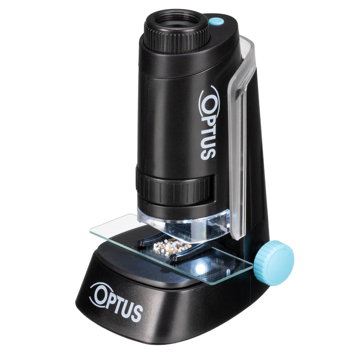 Optus Taschenmikroskop mit LED Beleuchtung, 40x-120x Vergrösserung, Standfuss & Objektklemmen - Komp