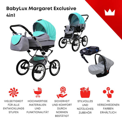 BabyLux® Kinderwagen Set 4 in 1 - Margaret Exclusive - incl. Babywanne, Buggy Sportsitz, Auto-Babysc