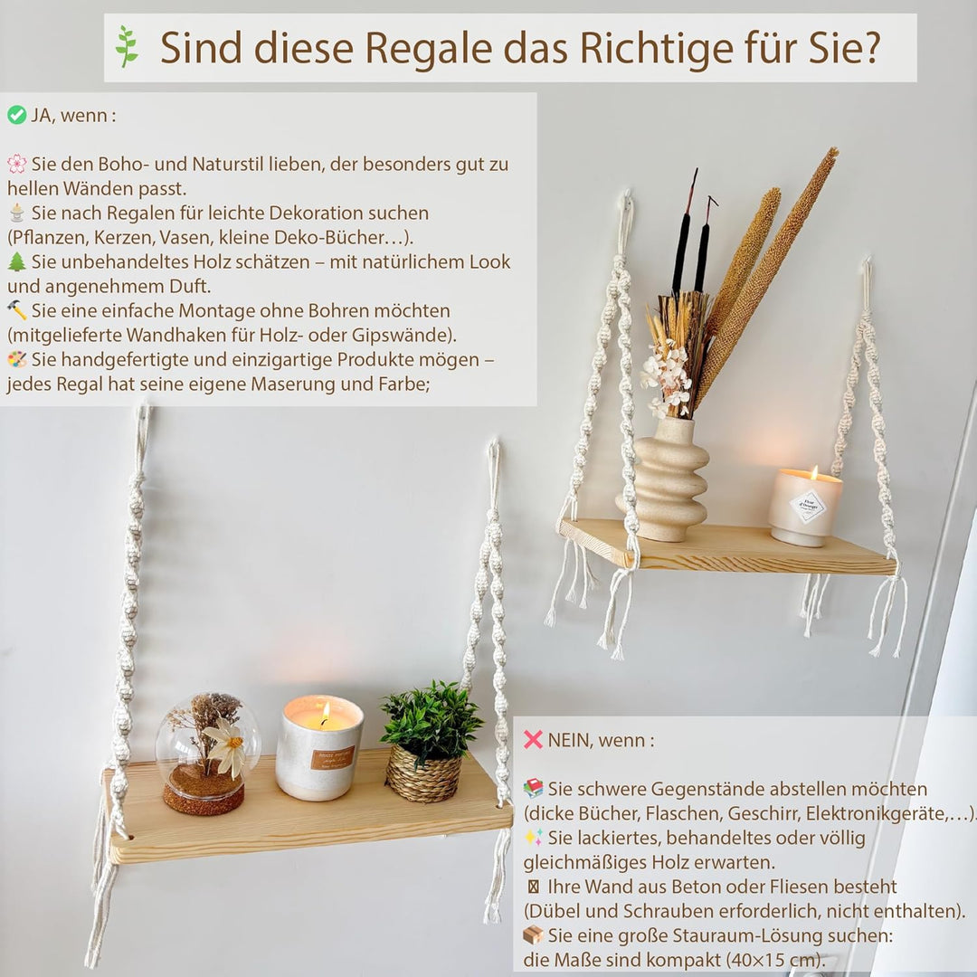2er Makramee-Wandregal Boho Regal Wand – Wandregal Holz Boho Style, Hängeregal Holz Seil, Regal zum