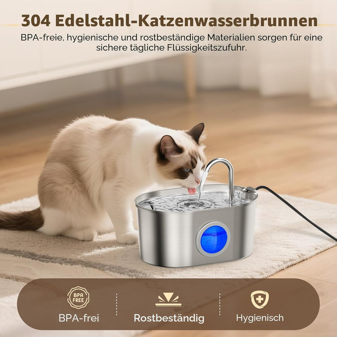 MeowFlow B30 Trinkbrunnen für Katzen, 2,2L Edelstahl-Haustierbrunnen mit sichtbarem Wasserfenster, e