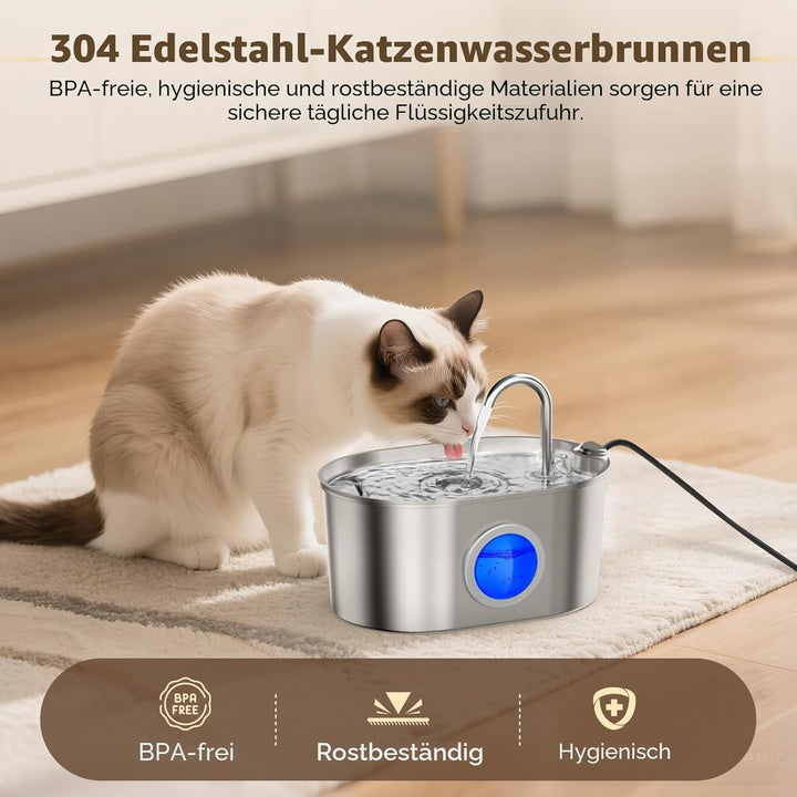 MeowFlow B30 Trinkbrunnen für Katzen, 2,2L Edelstahl-Haustierbrunnen mit sichtbarem Wasserfenster, e