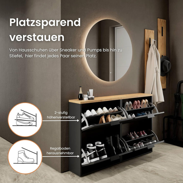 Planetmöbel 2 x Schuhschrank schmal mit 2 Klappen platzsparender Schuhregal mit 4 Ablagen, Schuhkomm