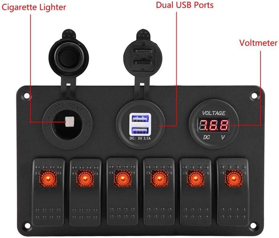 Schalttafel, 12V 24V 6 Gang Auto Boot Marine LED Wippschalter Panel Dual USB Voltmeter Zigarettenanz
