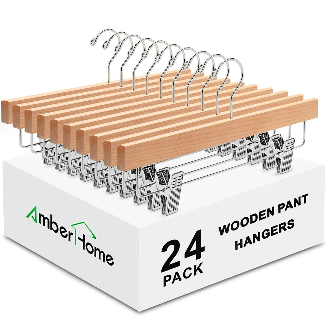 Amber Home Natürliche Hosenbügel aus Holz, 24 Stück, Massivholz, Rockbügel, Bodenbügel, Clips, Kleid