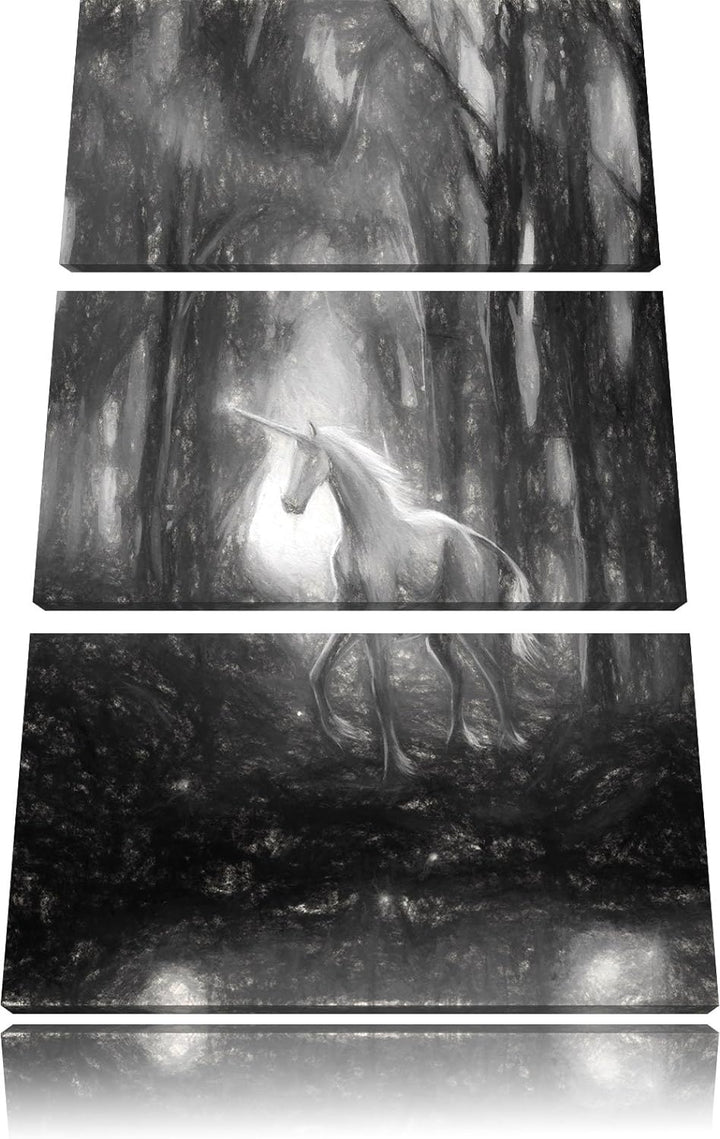 Pixxprint Einhorn im Zauberwald / 3-Teilig/Gesamtmass 120cm Leinwandbild bespannt auf Holzrahmen/Wan