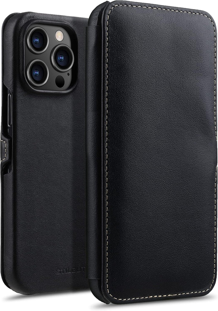 STILGUT Book Case kompatibel mit iPhone 14 Pro Max (6.7“) Hülle aus Leder mit Clip-Verschluss, Klapp
