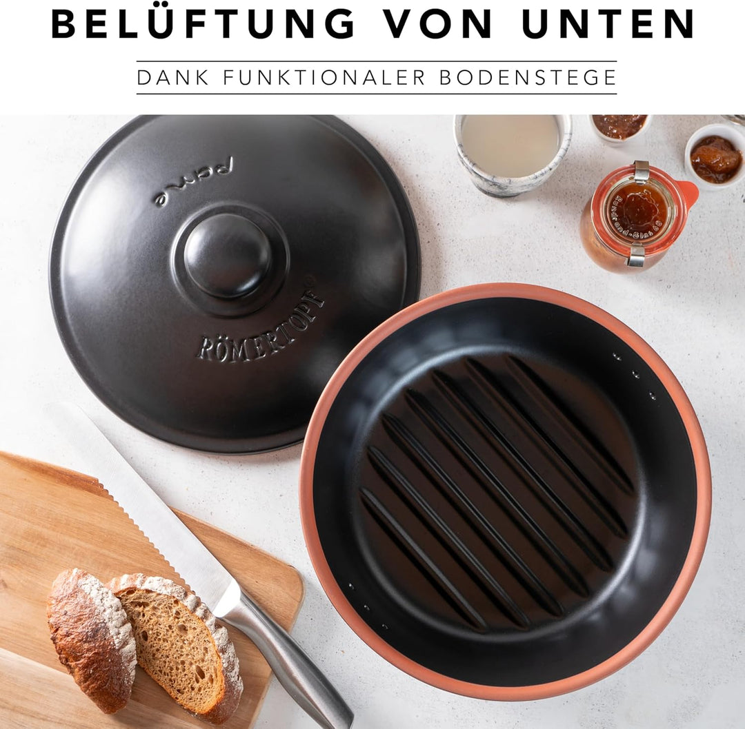 Römertopf Brottopf Rund Ø 30cm - Brotkasten Schwarz aus Keramik - Atmungsaktiver Tontopf für langanh