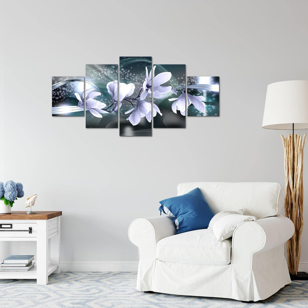 Runa Art Wandbilder Blumen Magnolien 5 Teilig Bild auf Vlies Leinwand Deko Wohnzimmer Grau Blau 2070