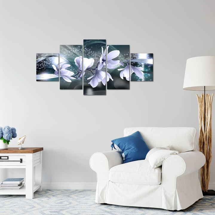 Runa Art Wandbilder Blumen Magnolien 5 Teilig Bild auf Vlies Leinwand Deko Wohnzimmer Grau Blau 2070