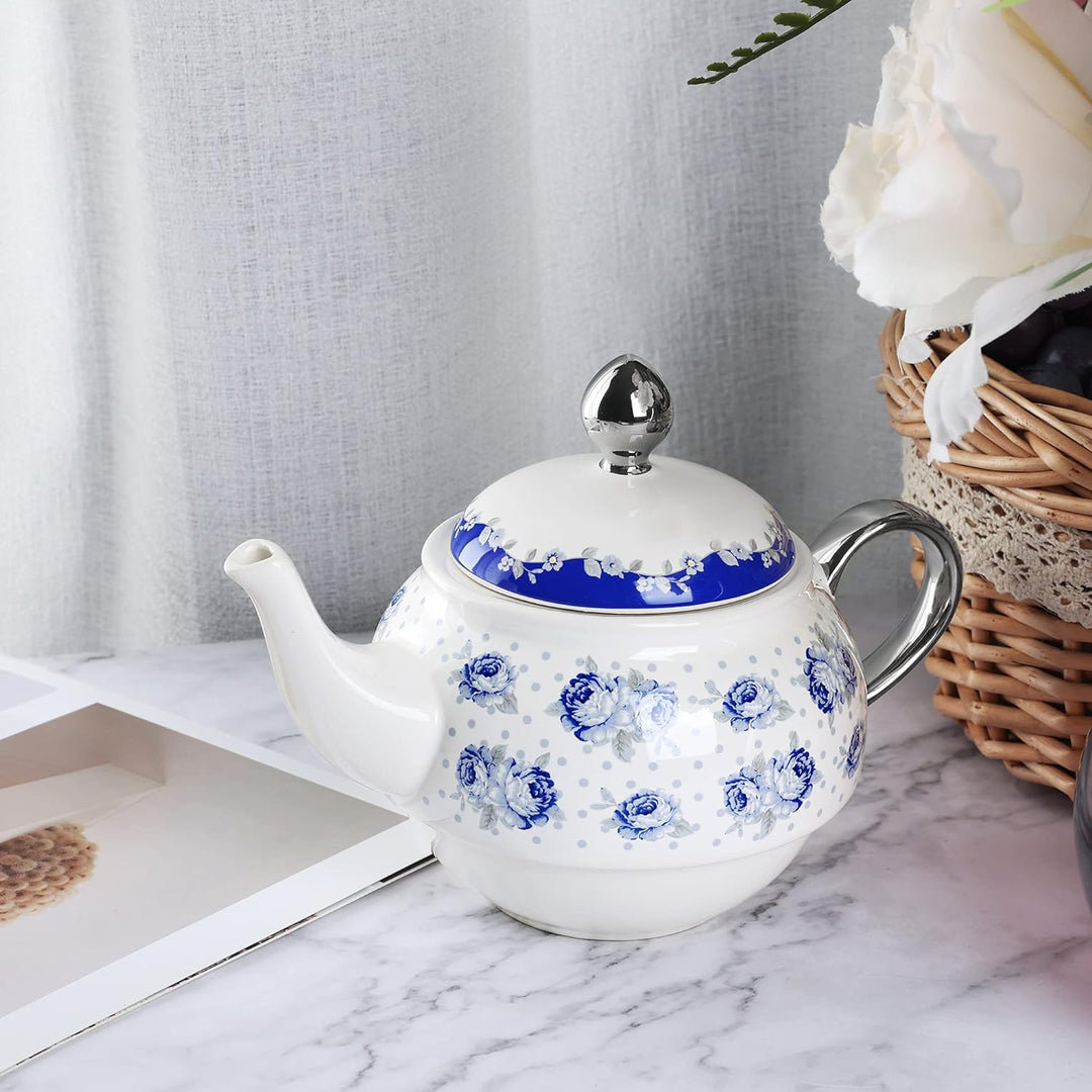 fanquare Vintage Blaue Blumen Tea for One Set, Tupfen Porzellan Kaffeetassen Set mit Teekanne, Tasse