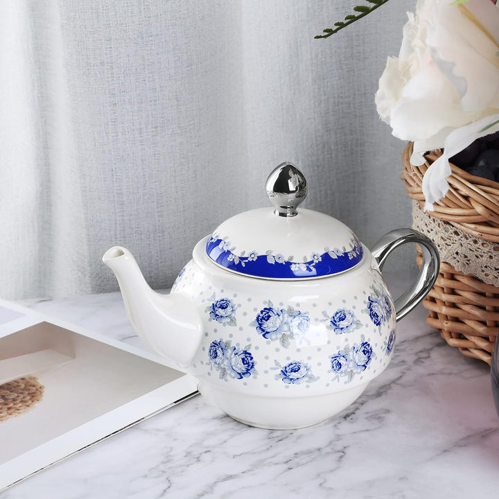 fanquare Vintage Blaue Blumen Tea for One Set, Tupfen Porzellan Kaffeetassen Set mit Teekanne, Tasse