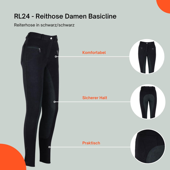 RL24 - Damen Reithose Vollbesatz BASICLINE 46 Schwarz/Schwarz, 46 Schwarz/Schwarz