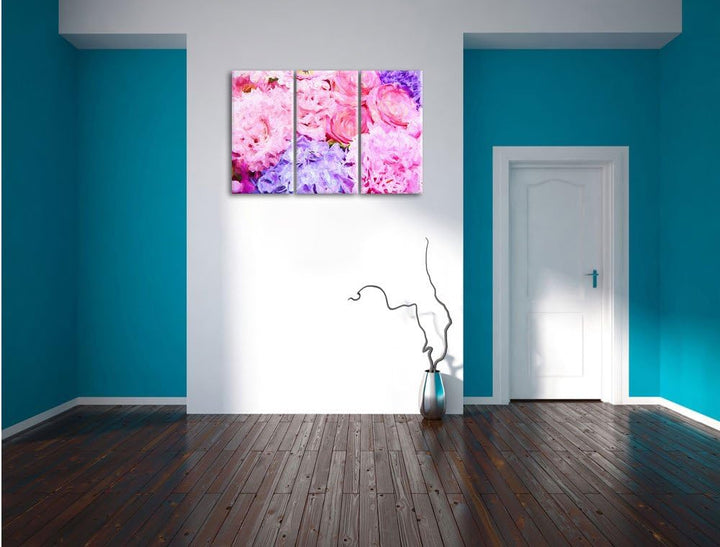 Pixxprint prachtvoller Blumenstrauss Kunst / 3-Teilig/Gesamtmass 120cm Leinwandbild bespannt auf Hol