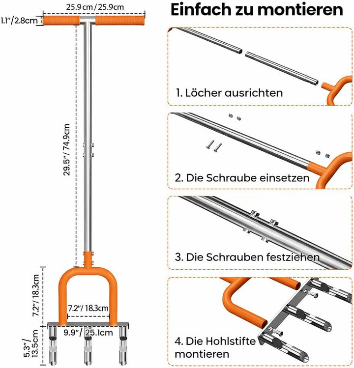 Aerifizierer für Rasen, Rasenlüfter aus Edelstahl, 3 Zinken Hohlzinken, Gartengerät zum Rasen Belüft