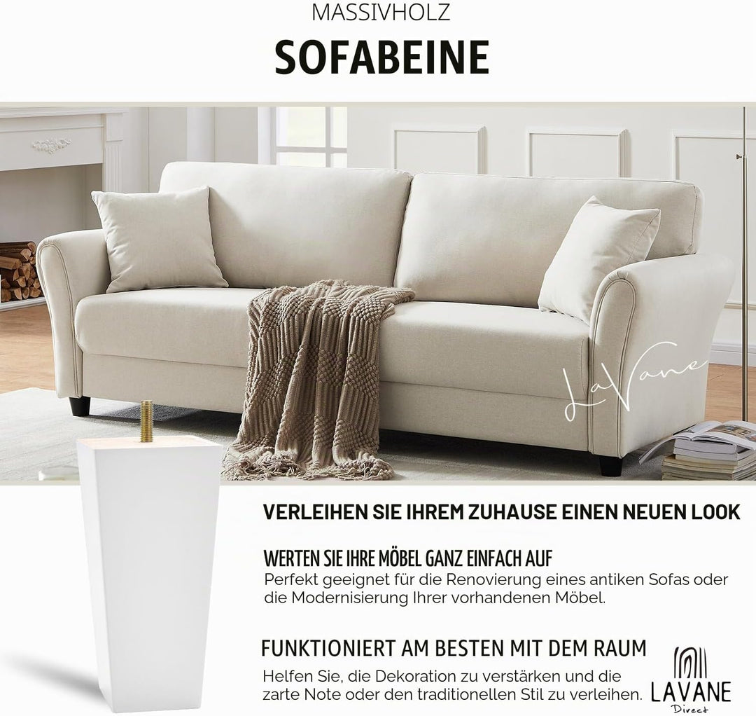 La Vane 4 Stück Möbelfüsse aus Massivholz - 15cm Höhe, Weiss, Pyramidenform mit M8 Gewindebolzen &amp; M