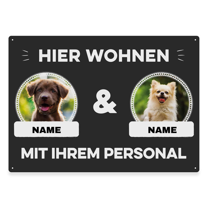 Hunde Schild personalisiert - Hier wohnt mit Personal - Metallschild mit Foto und Name für aussen, w