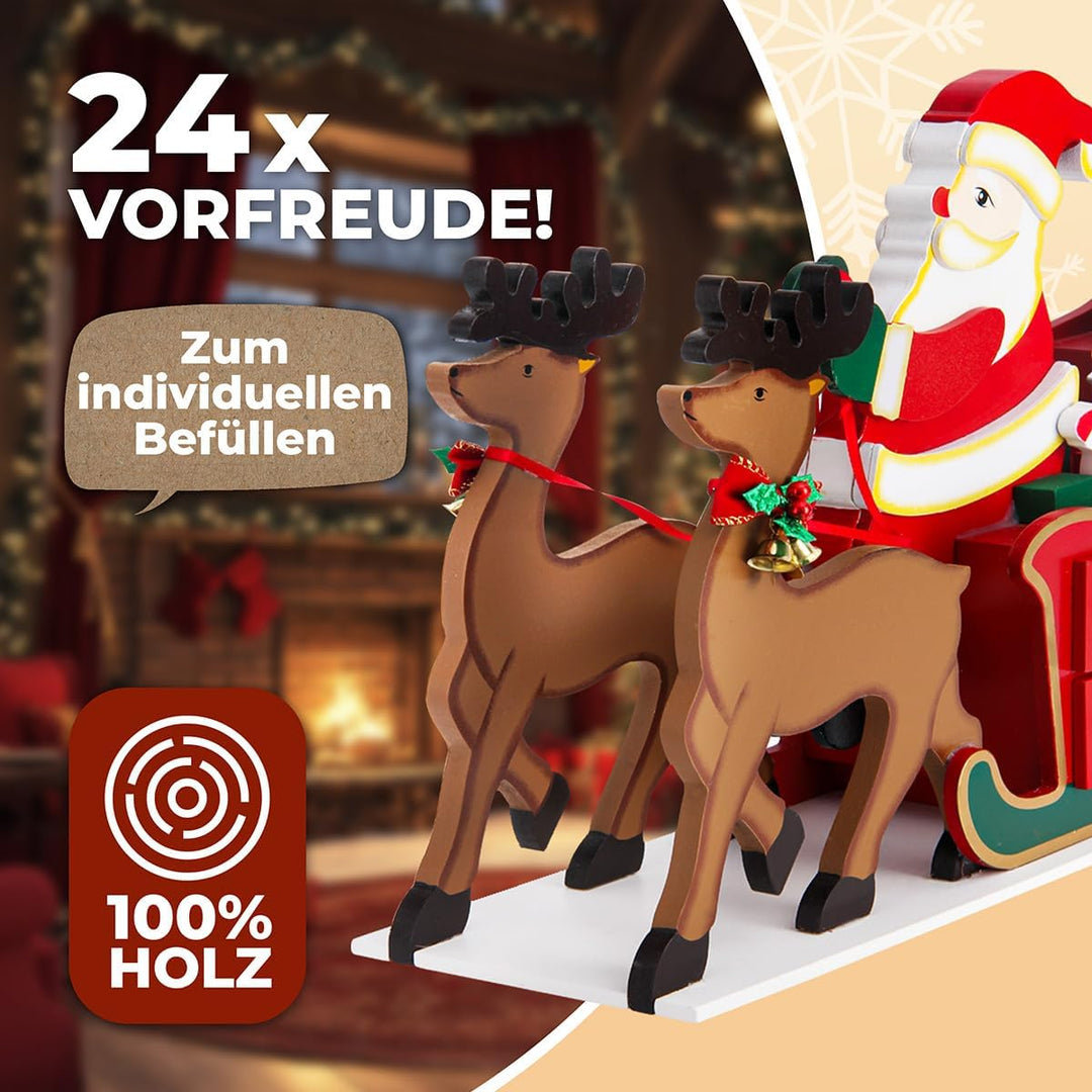 Spielwerk® Wiederverwendbarer Adventskalender Schlitten zum Befüllen 24 Türchen Bunt Bemalt Weihnach