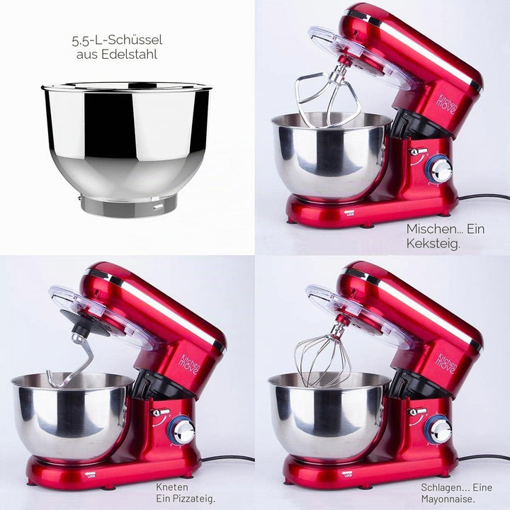 KITCHEN MOVE BAT-1519 Dallas Multifunktions-Küchenmaschine, 1500 W, 5,5 l, Rot, Stahl, mit Handrühre