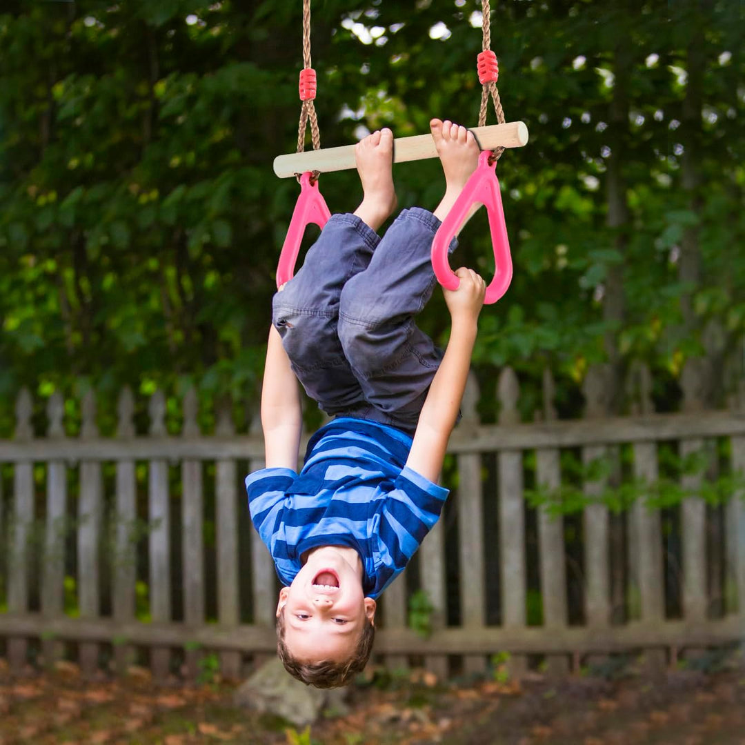 PELLOR Multifunktions Kinderholz Trapeze Schaukel mit Kunststoff Turnringe zum Aufhängen belastbar b