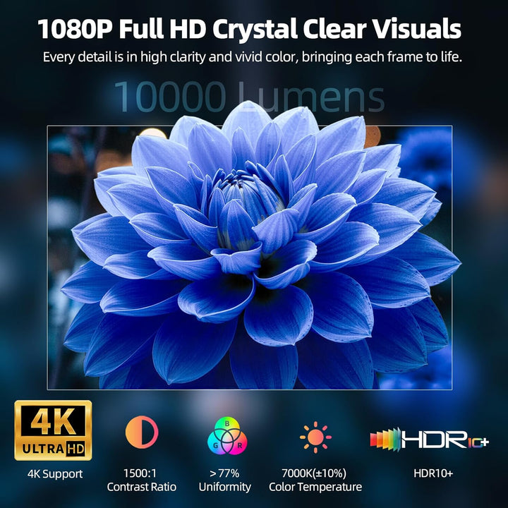Bettdow 4K Mini Beamer [Netflix Official], Full HD 1080P Drehbar Projektor, Autofokus/Trapezkorrektu