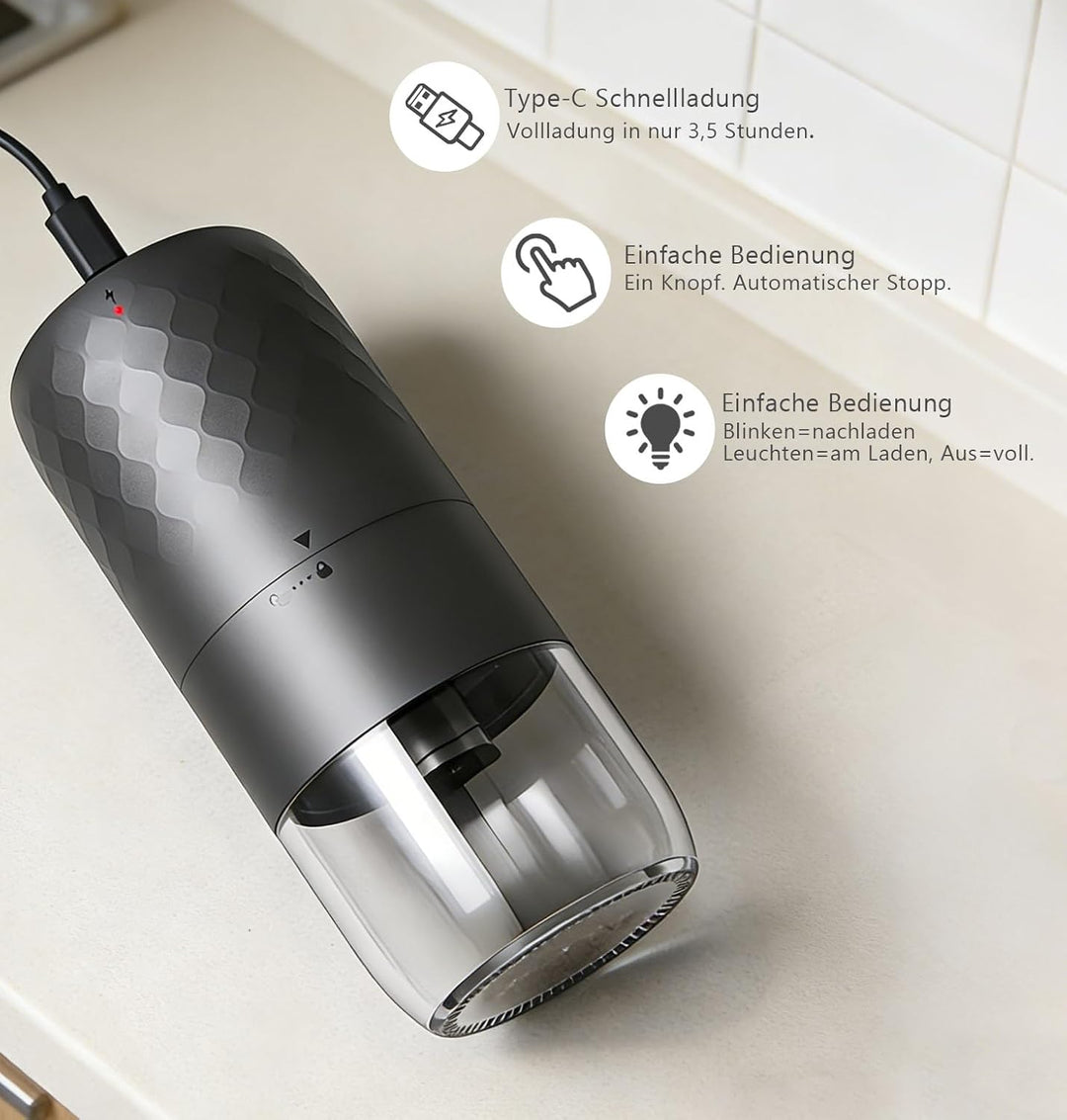 Elektrische Kaffeemühle Tragbar - Kegelmahlwerk mit 5 einstellbaren Mahlgraden, USB-C-Schnellladung