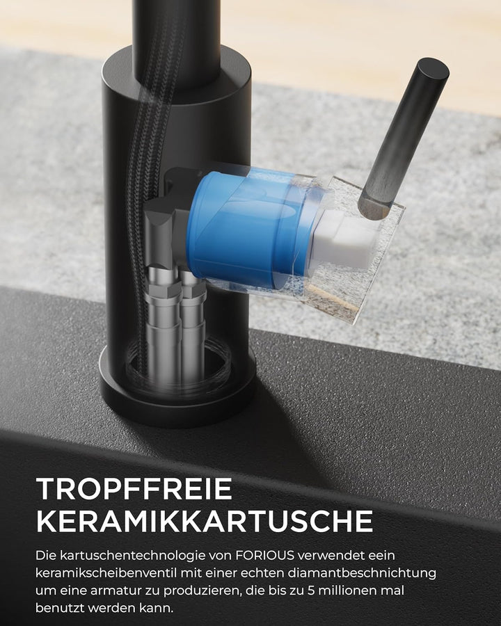 FORIOUS Wasserhahn Küche Schwarz, Küchenarmatur Ausziehbar mit Brause, Spültischarmatur Küche, L-för