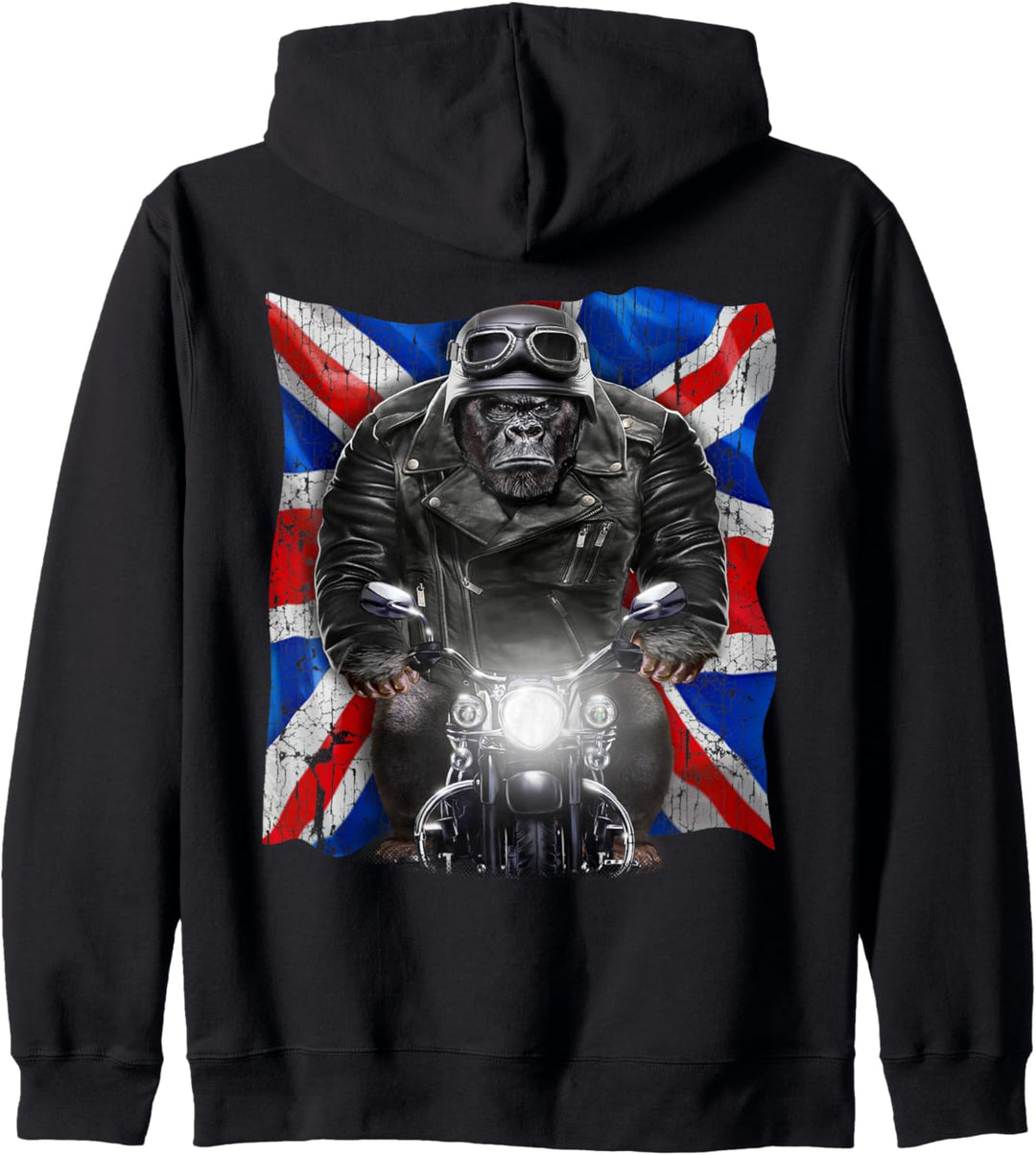 Patriot Gorilla auf einem Motorrad mit Union Jack Kapuzenjacke