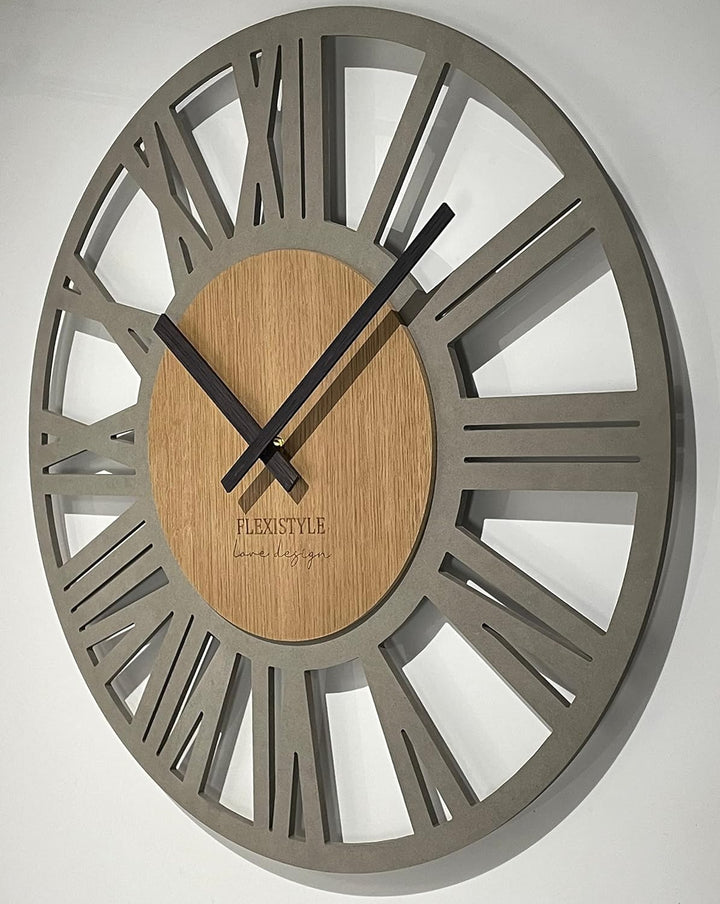 FLEXISTYLE Wanduhr gross Adulto 50cm Durchmesser LOFT Retro aus Holz Eiche ohne tickgeräusche Wohnzi
