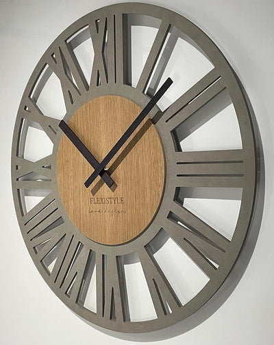 FLEXISTYLE Wanduhr gross Adulto 50cm Durchmesser LOFT Retro aus Holz Eiche ohne tickgeräusche Wohnzi