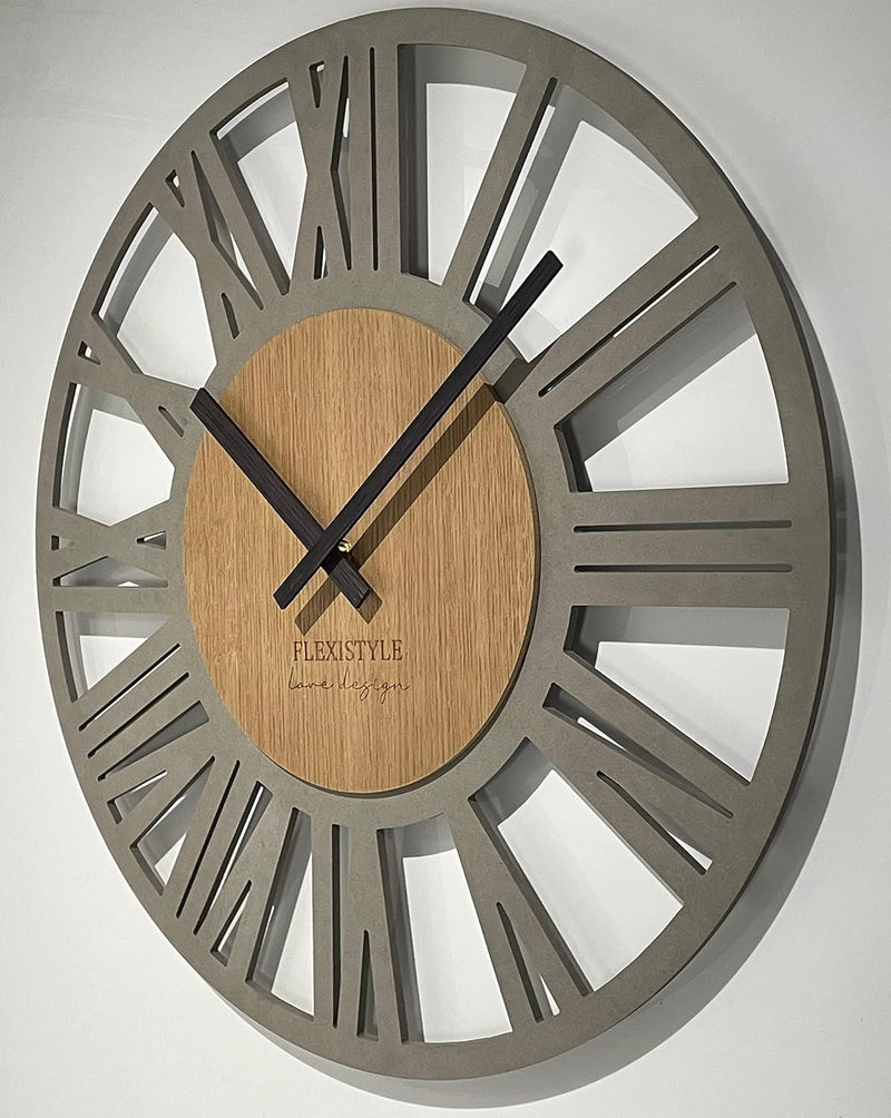 FLEXISTYLE Wanduhr gross Adulto 50cm Durchmesser LOFT Retro aus Holz Eiche ohne tickgeräusche Wohnzi