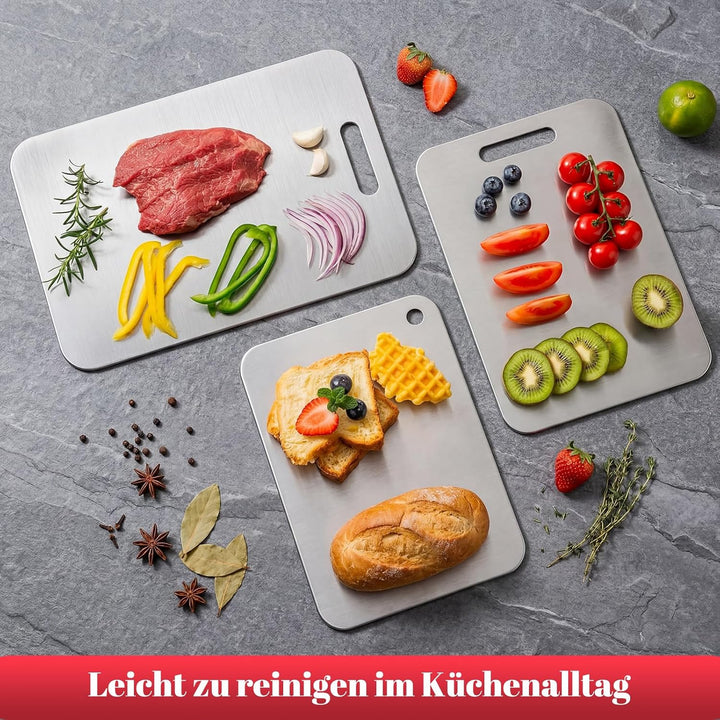 Titan Schneidebrett, 304 Edelstahl, Metall-Schneidebretter in 3 Grössen für Fleisch, Obst & Gemüse,