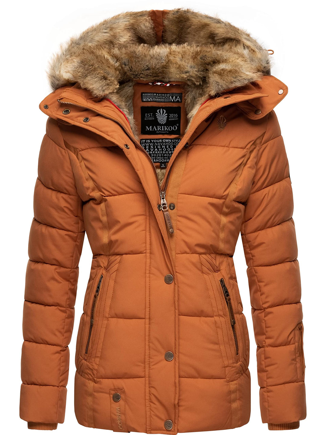 MARIKOO Damen Winterjacke warme Steppjacke mit Kunstfell Innenfutter Nekoo XS-3XL S Rusty Cinnamon,