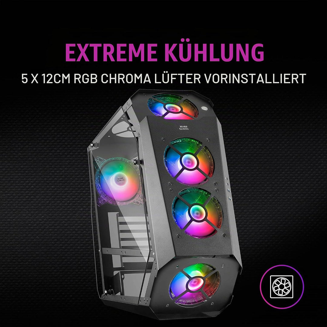 Mars Gaming MC51, Gehäuse Gaming PC ATX, Doppelt Gehärtetes Glas, 5X Lüfter RGB 12cm, Schwarz MC-51