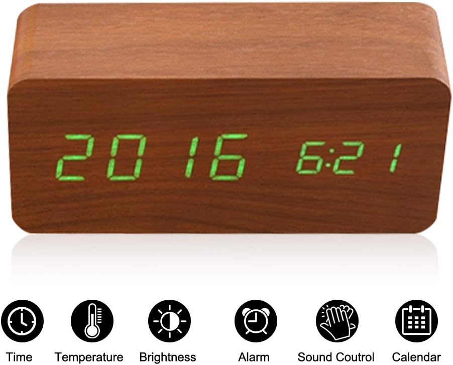 Digitaler Wecker Hölzerner, Leise LED-Anzeige Einstellbare Helligkeit/Sound Control, Tischuhr Indika