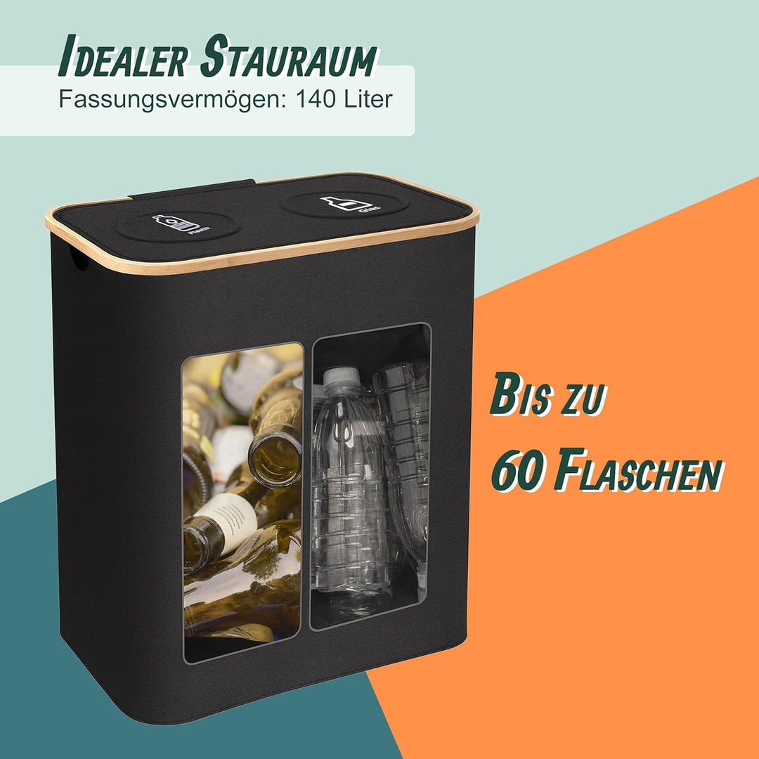 Relaxdays Pfandflaschen Sammelbehälter, 140 L, bis 60 Flaschen, 2 Beutel, Flaschensammler für Glas &