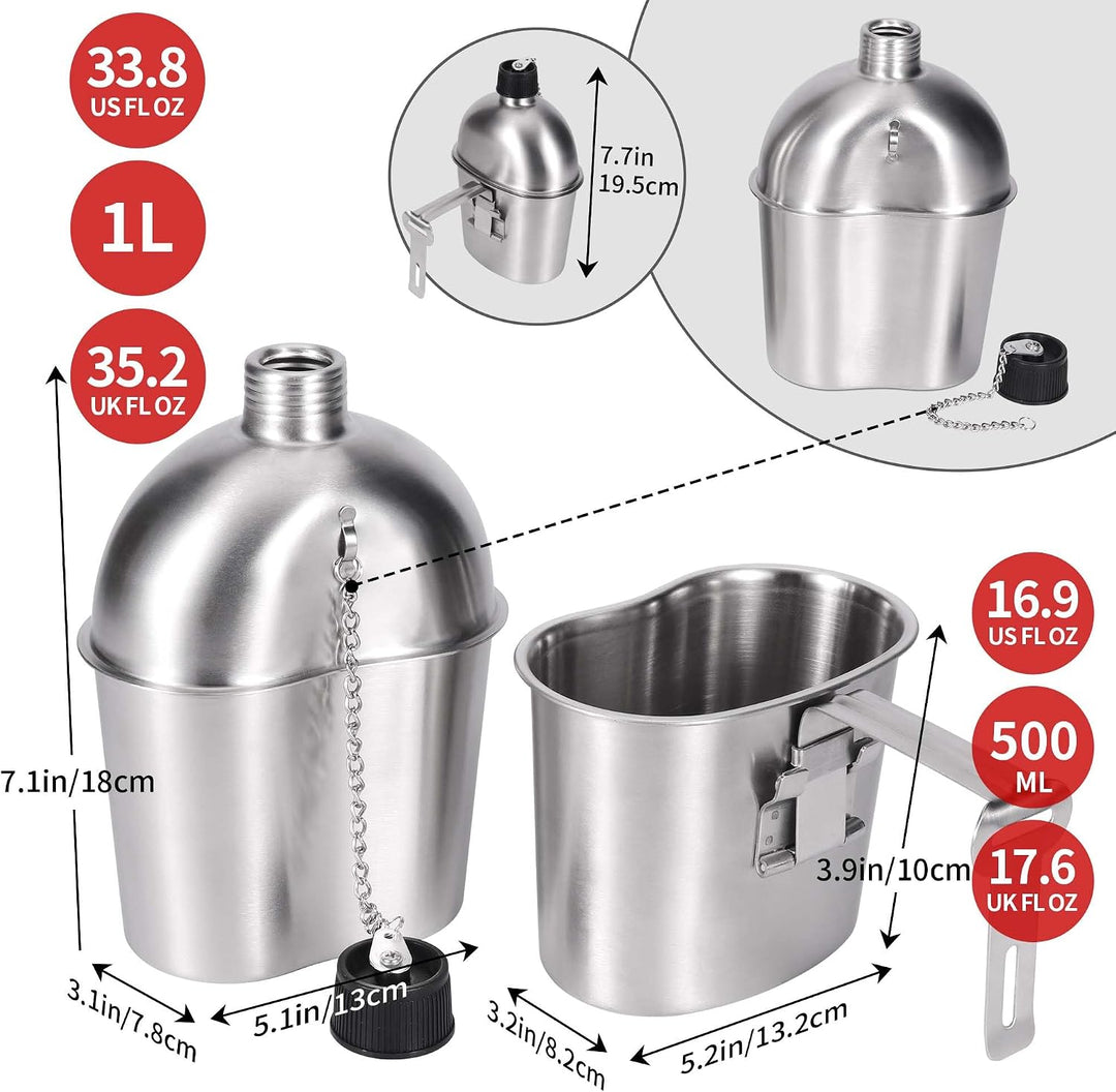 Goetland Edelstahl US Feldflasche Wasserflasche Trinkflasche 1L mit 0,5 L Becher Stofftasche für Cam