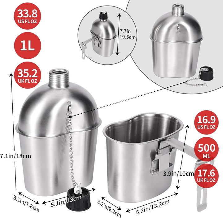 Goetland Edelstahl US Feldflasche Wasserflasche Trinkflasche 1L mit 0,5 L Becher Stofftasche für Cam