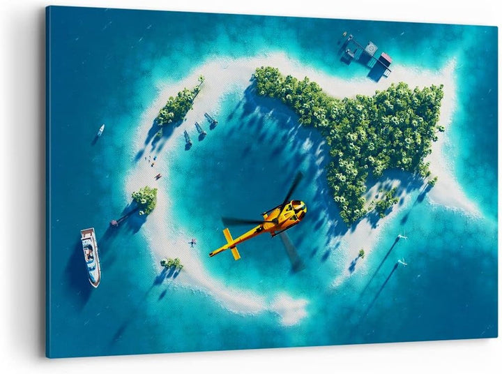 Bilder auf Leinwand 100x70cm Leinwandbild Hubschrauber Ozean Insel Paradies Gross Wanddeko Bild Schl