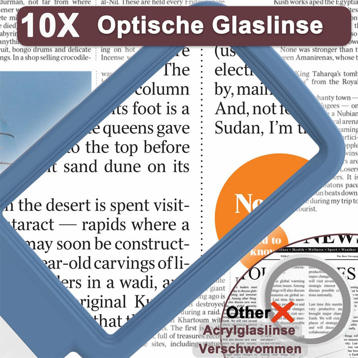 10X Lupe mit Licht und Ständer, Echtglaslinse Leselupe, Wiederaufladbare, Faltbare Grosse Handlupe,