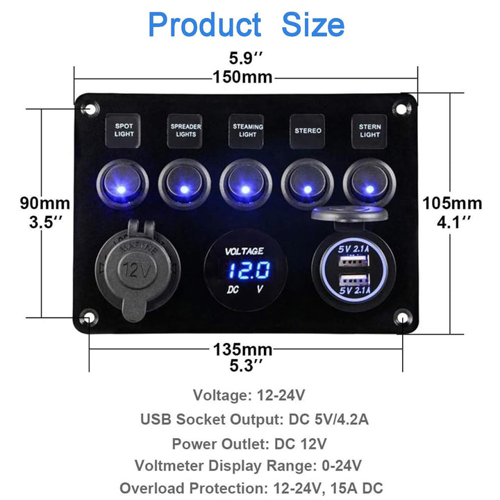 5 Gang Schalter Panel, 12V/24V Kippschalter Panel IP65 Wasserdichte LED Voltmeter Dual USB Buchse La
