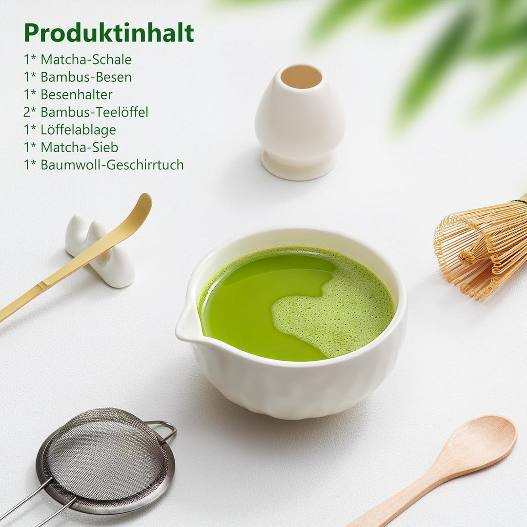 8 Stück Matcha Set Beige mit Besenhalter | Edelstahl-Sieb für klumpenfreien Matcha | Inkl Bambus bes