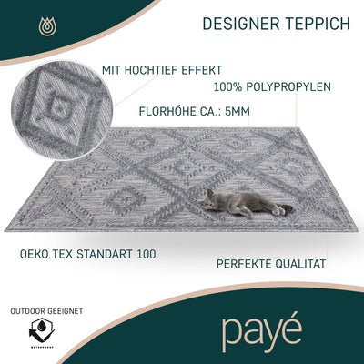 payé Teppich Wohnzimmer - Anthrazit - 80x150cm - Raute Optik - Boho Teppiche für Balkon Terrasse Gar