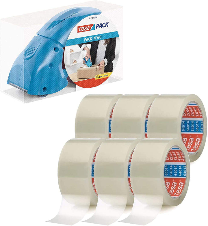 tesapack Abroller Pack' n' Go - Ergonomischer, blauer Handabroller für Paketbänder - Inklusive 50 m