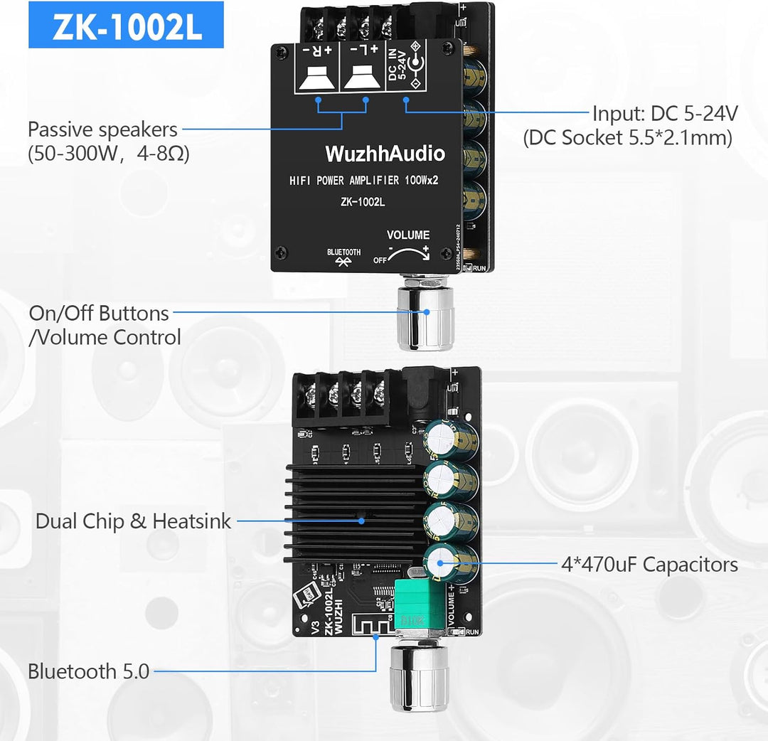HiFi-Verstärker mit Bluetooth 5.0, ZK-1002L 2.0 Kanal 100W X 2 Stereo-Audioverstärker modul Mini-Lei