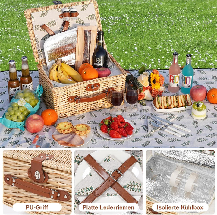 Picknickkorb für 2 Personen, Picknickkorb-Set mit Kühlfach und wasserdichte Picknickdecke, Besteck S